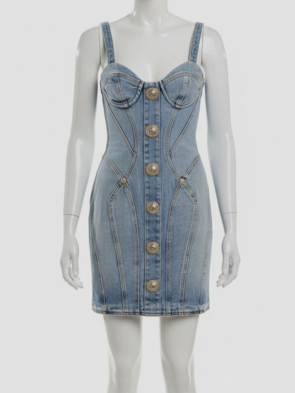 Balmain Paris Women's Blue Panelled Stretch-Denim Mini Dress Size 40